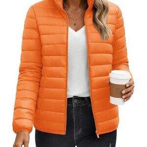 Quilted Puffer Jacket Lightweight Winter Coat Stand Collar Full Zip Chic